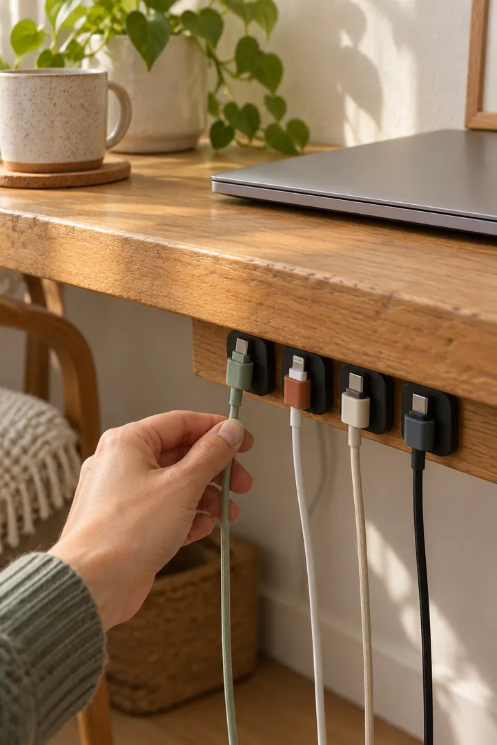 Close-up of a hand selecting one of four neatly clipped desk cables identified by muted colored silicone rings.
