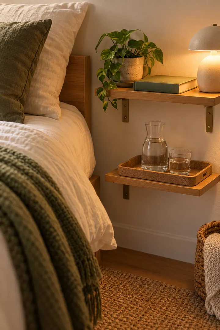 Close-up of a compact two-level bedside shelf with a water carafe in a raised tray below a lamp and closed book.