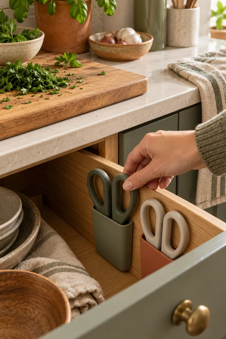 Close-up of a hand reaching for kitchen scissors stored blade-down in removable silicone sleeves inside a shallow drawer.