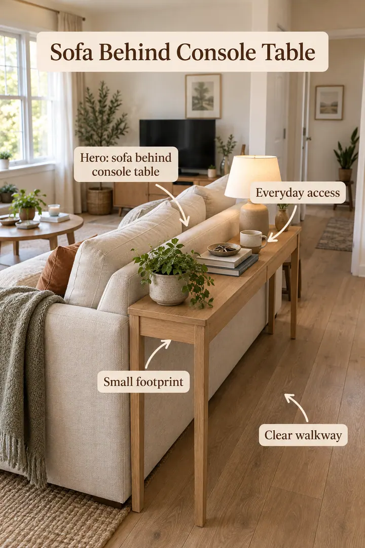 Small living room showing sofa behind console table in a warm realistic compact home.