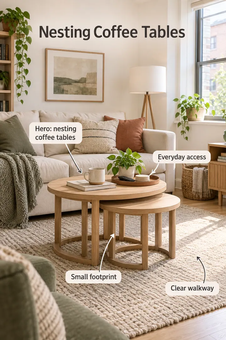 Small living room showing nesting coffee tables in a warm realistic compact home.