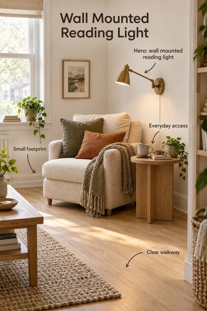 Small living room showing wall mounted reading light in a warm realistic compact home.