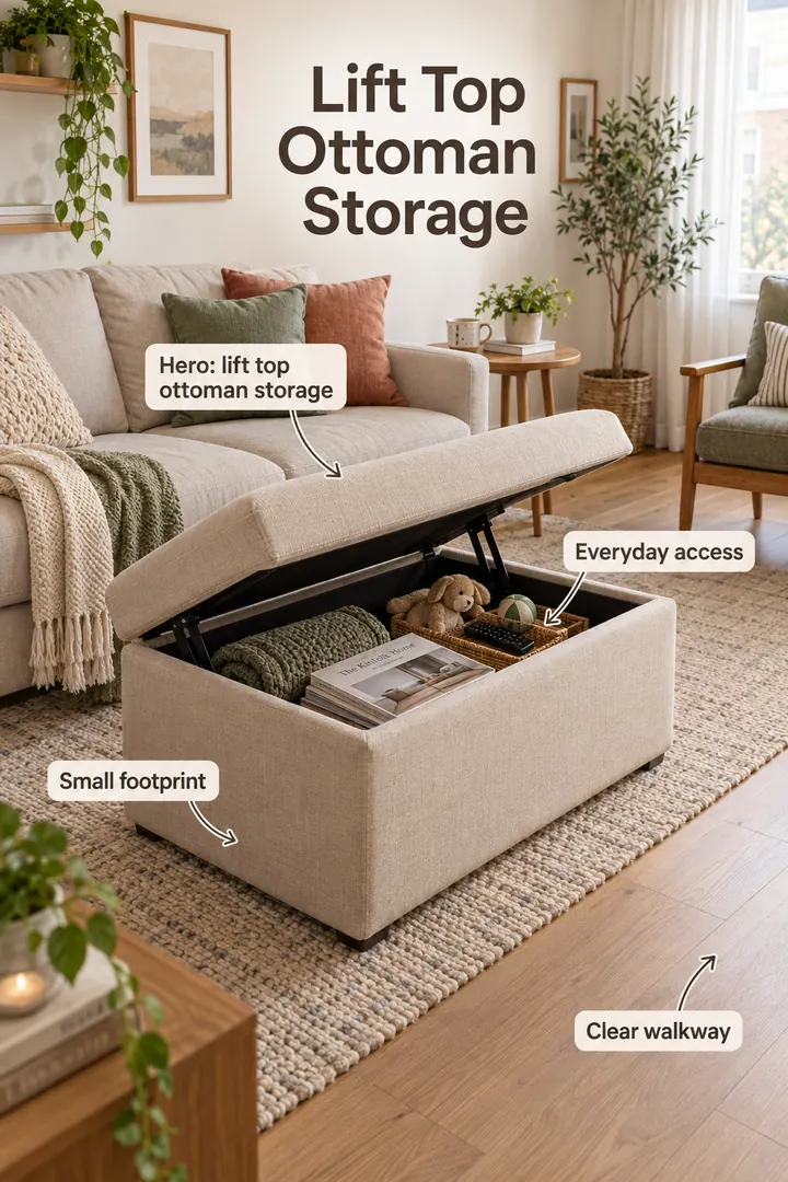 Small living room showing lift top ottoman storage in a warm realistic compact home.