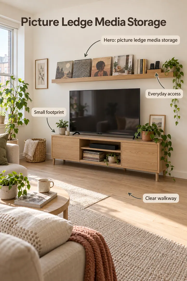 Small living room showing picture ledge media storage in a warm realistic compact home.