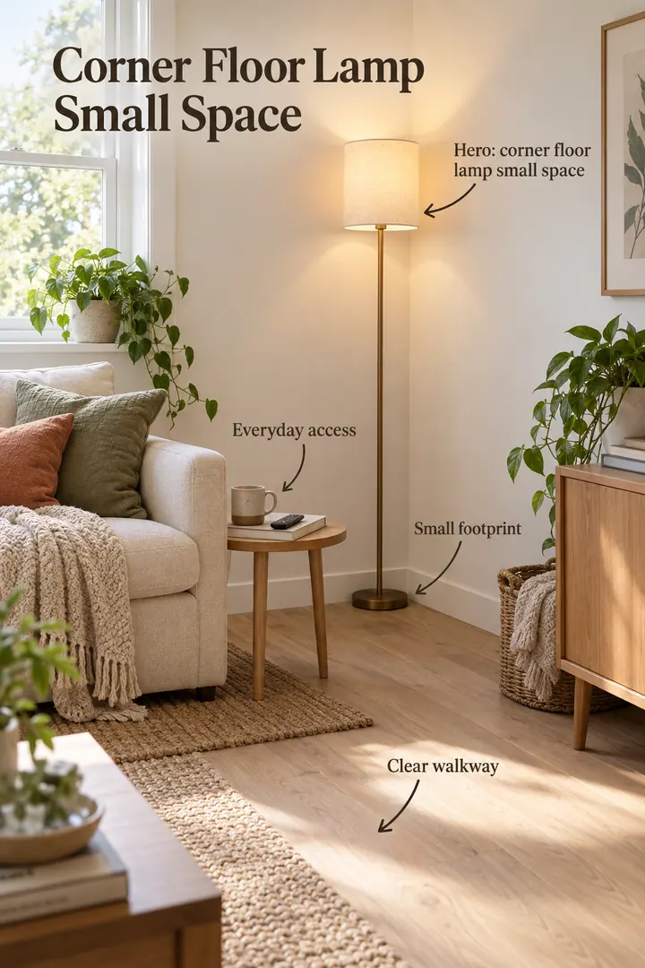 Small living room showing corner floor lamp small space in a warm realistic compact home.