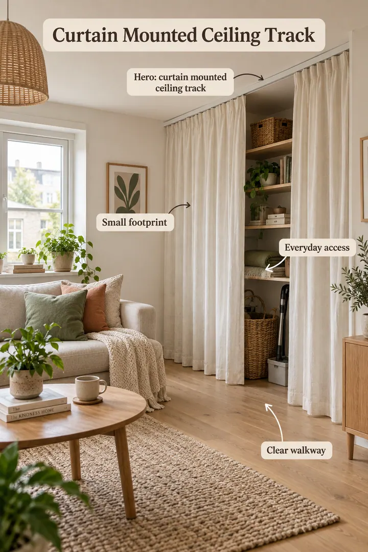 Small living room showing curtain mounted ceiling track in a warm realistic compact home.