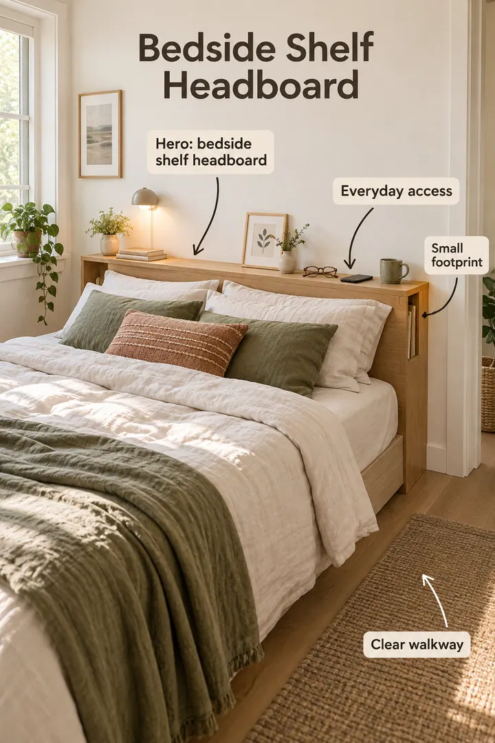 Small bedroom showing bedside shelf headboard in a warm realistic compact home.