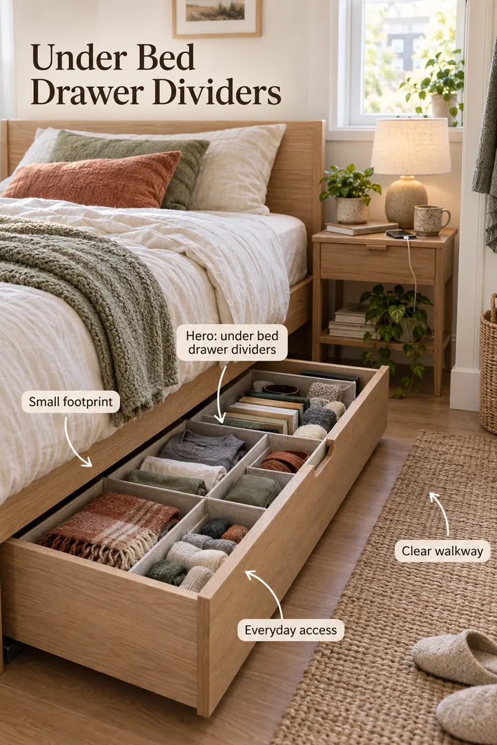 Small bedroom showing under bed drawer dividers in a warm realistic compact home.