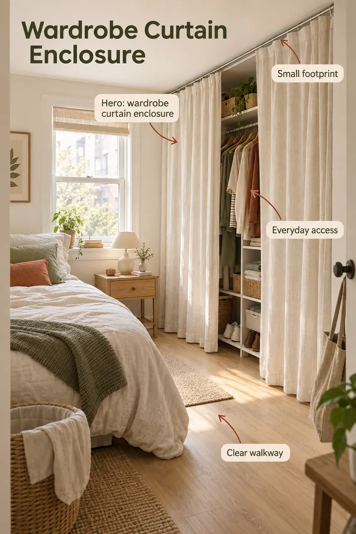 Small bedroom showing wardrobe curtain enclosure in a warm realistic compact home.