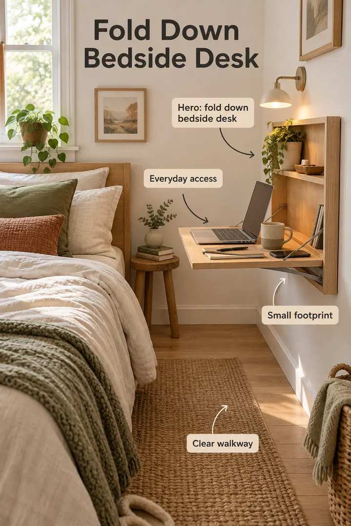 Small bedroom showing fold down bedside desk in a warm realistic compact home.