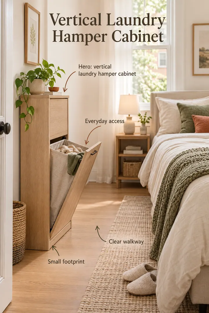 Small bedroom showing vertical laundry hamper cabinet in a warm realistic compact home.