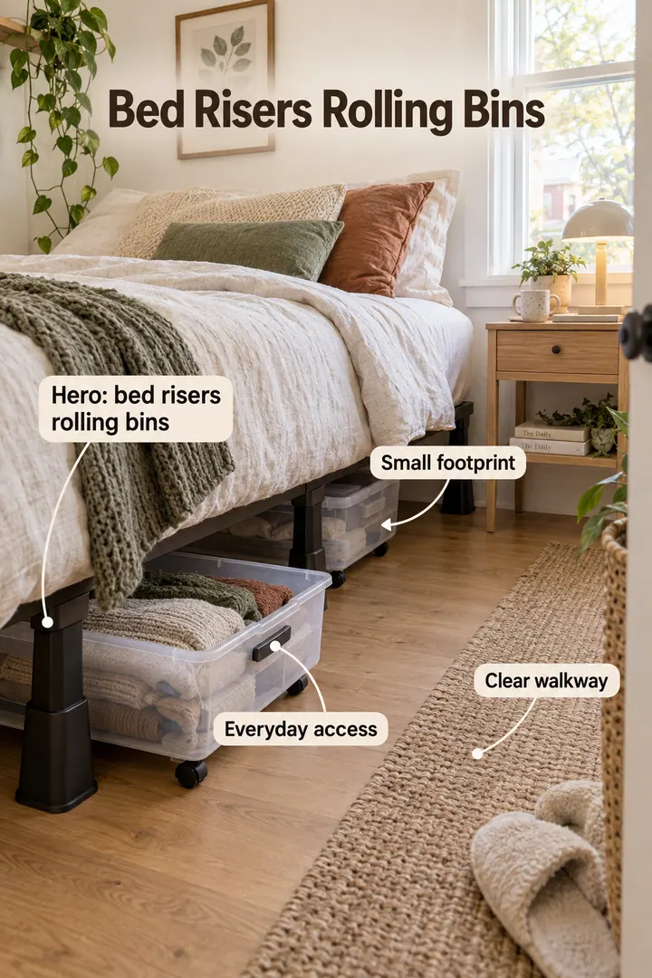 Small bedroom showing bed risers rolling bins in a warm realistic compact home.