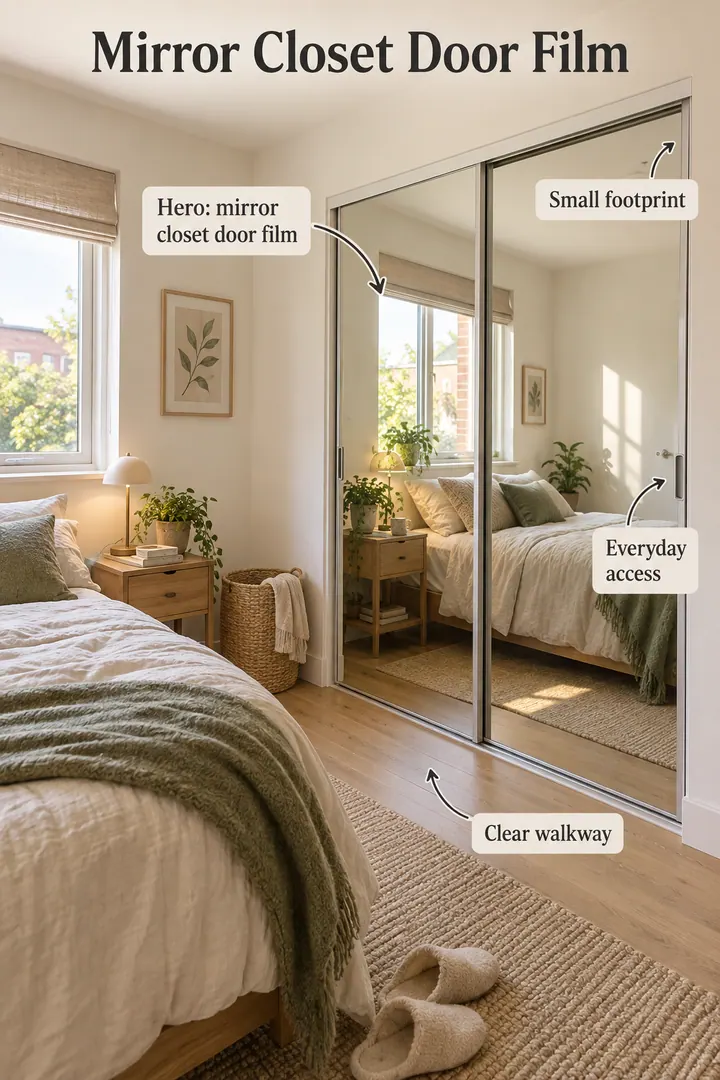 Small bedroom showing mirror closet door film in a warm realistic compact home.