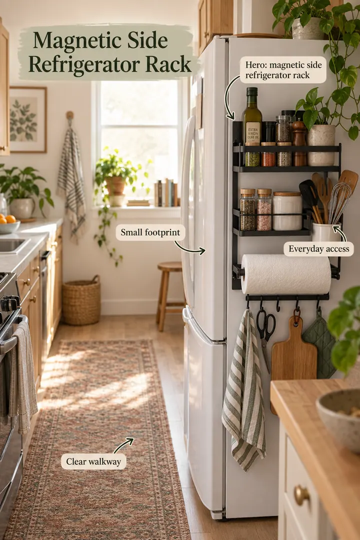 Small kitchen showing magnetic side refrigerator rack in a warm realistic compact home.