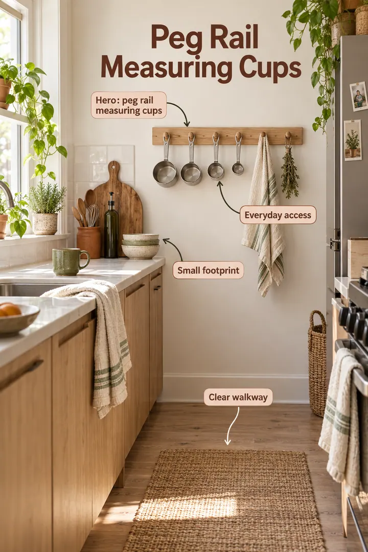 Small kitchen showing peg rail measuring cups in a warm realistic compact home.