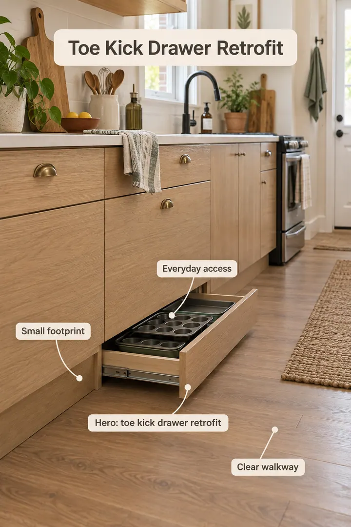 Small kitchen showing toe kick drawer retrofit in a warm realistic compact home.