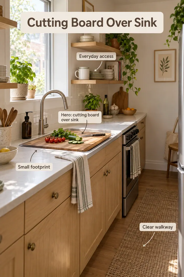 Small kitchen showing cutting board over sink in a warm realistic compact home.