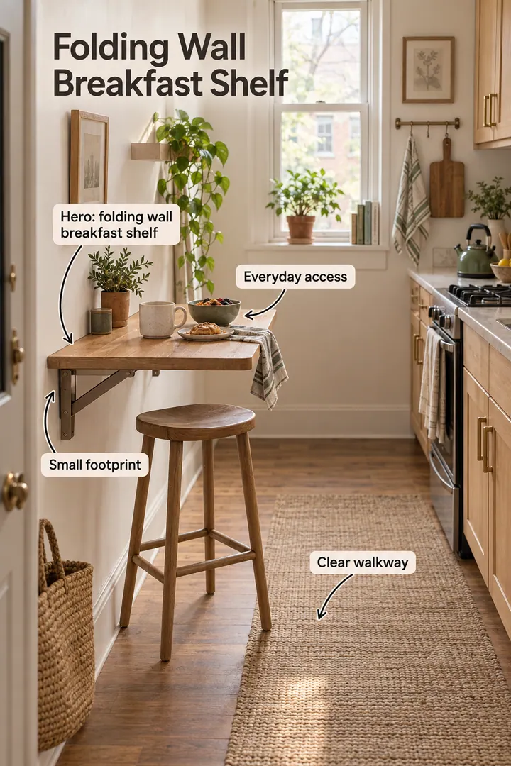 Small kitchen showing folding wall breakfast shelf in a warm realistic compact home.