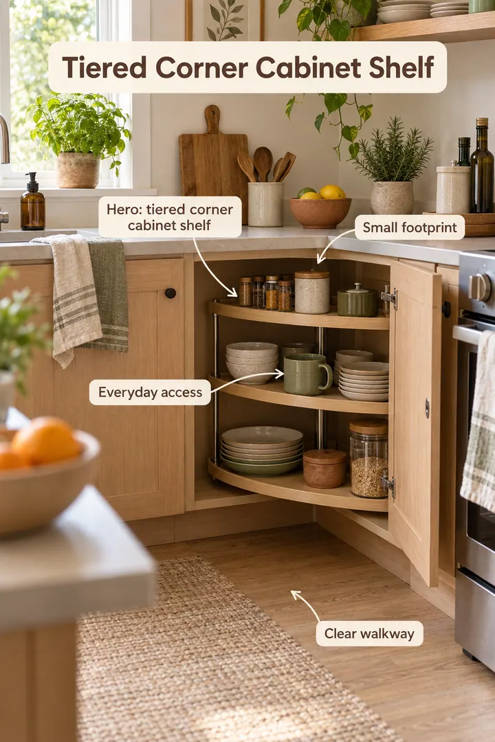 Small kitchen showing tiered corner cabinet shelf in a warm realistic compact home.