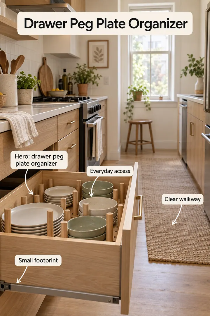 Small kitchen showing drawer peg plate organizer in a warm realistic compact home.