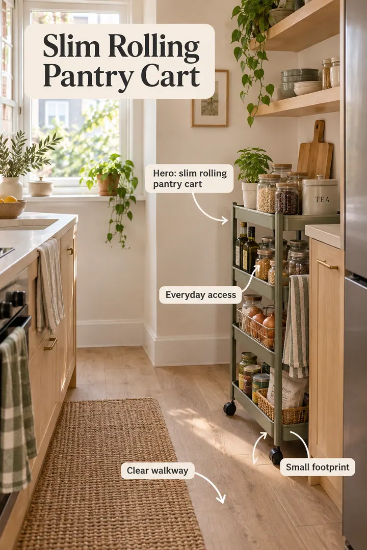 Small kitchen showing slim rolling pantry cart in a warm realistic compact home.