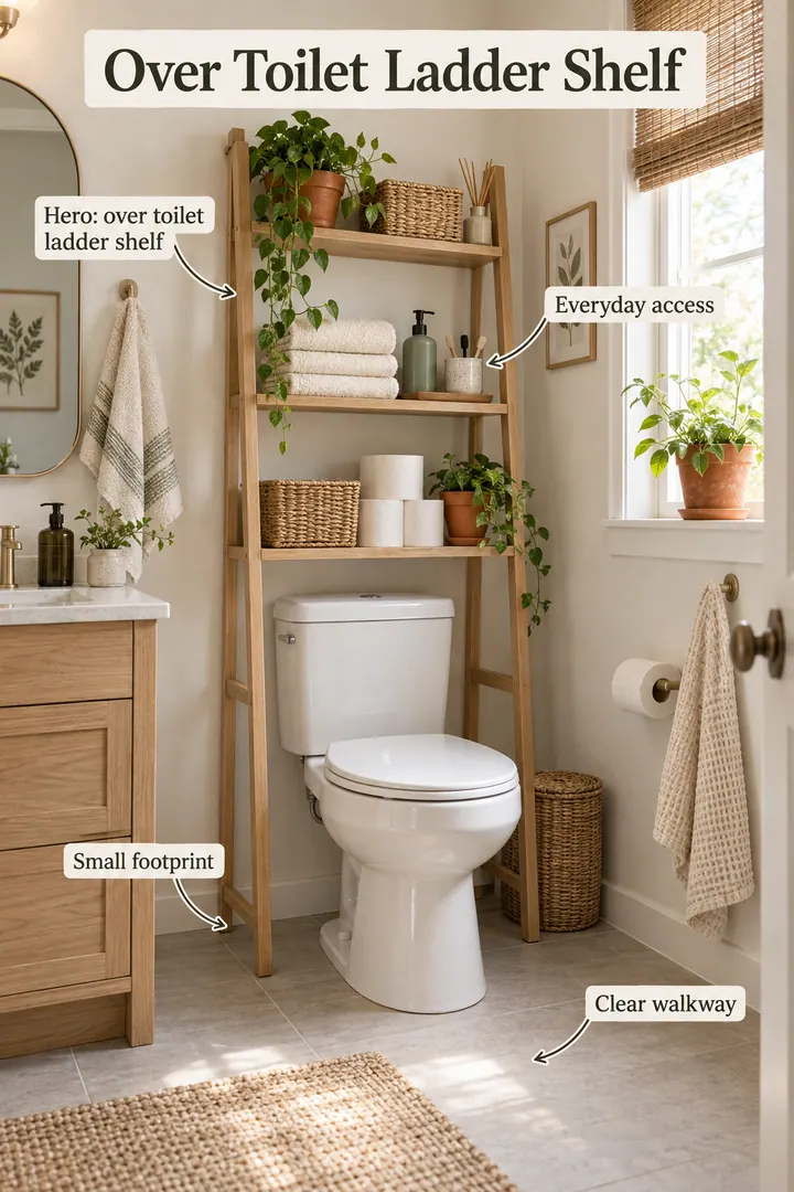Small bathroom showing over toilet ladder shelf in a warm realistic compact home.