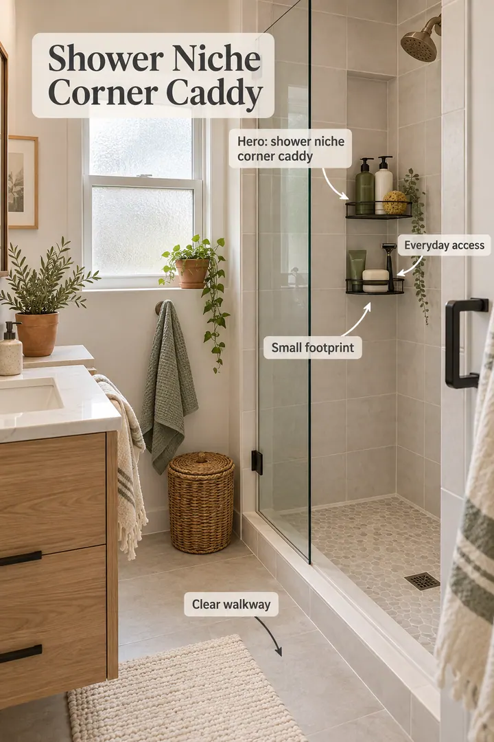 Small bathroom showing shower niche corner caddy in a warm realistic compact home.