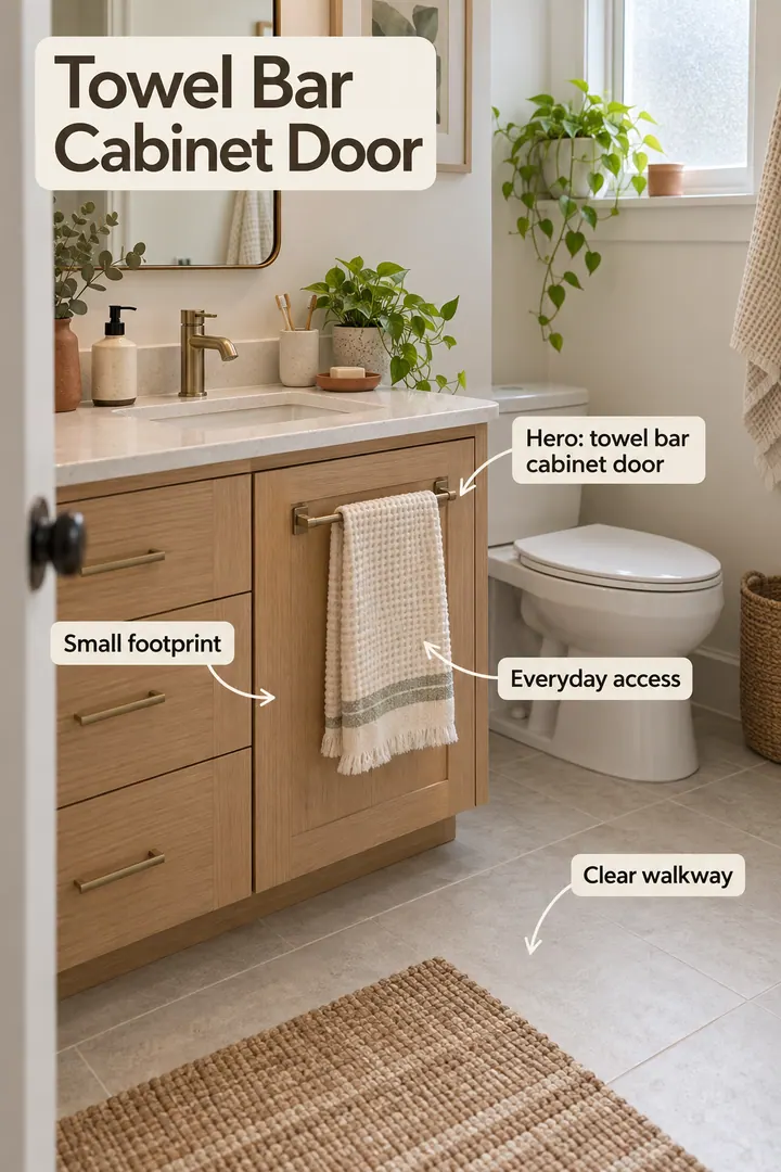 Small bathroom showing towel bar cabinet door in a warm realistic compact home.