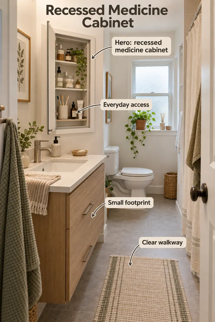 Small bathroom showing recessed medicine cabinet in a warm realistic compact home.
