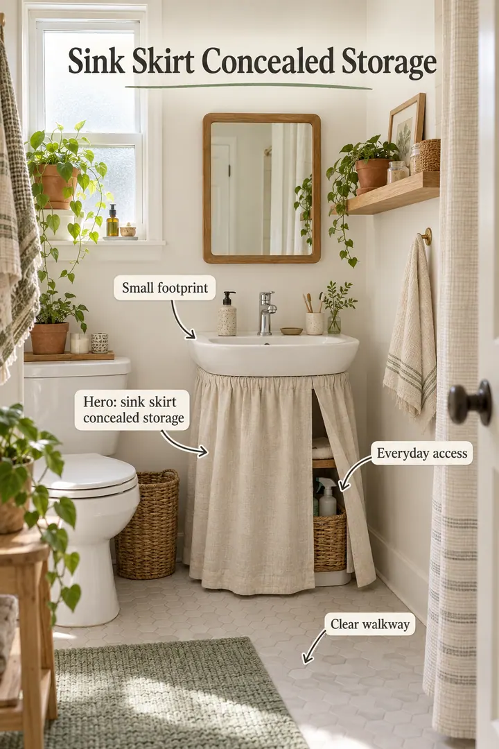 Small bathroom showing sink skirt concealed storage in a warm realistic compact home.