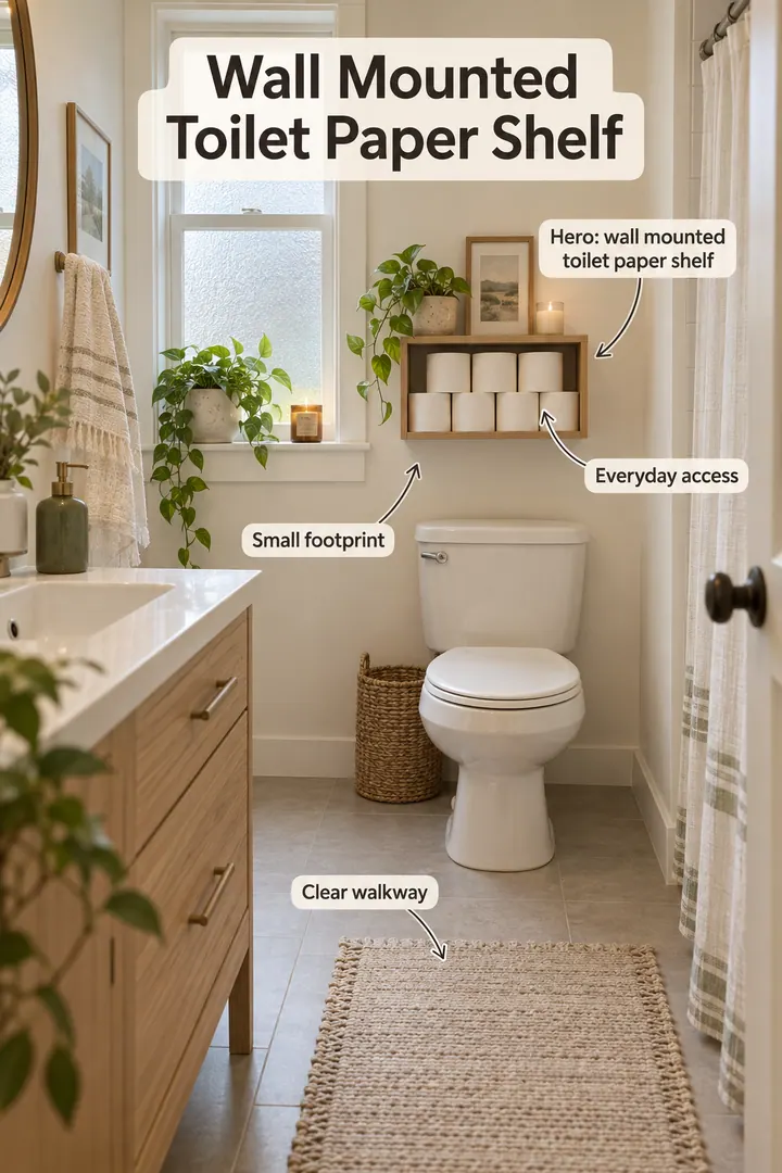 Small bathroom showing wall mounted toilet paper shelf in a warm realistic compact home.