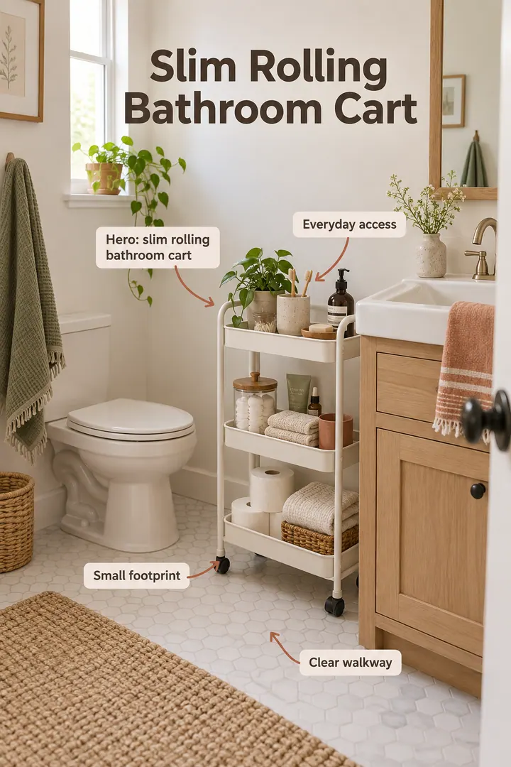 Small bathroom showing slim rolling bathroom cart in a warm realistic compact home.