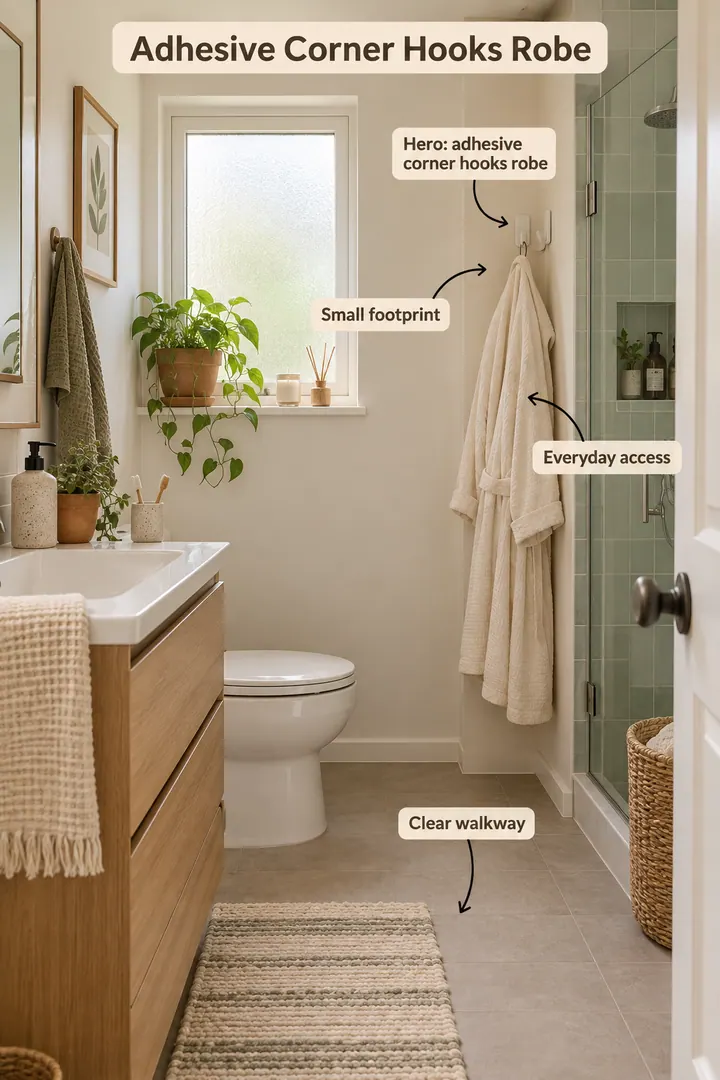 Small bathroom showing adhesive corner hooks robe in a warm realistic compact home.