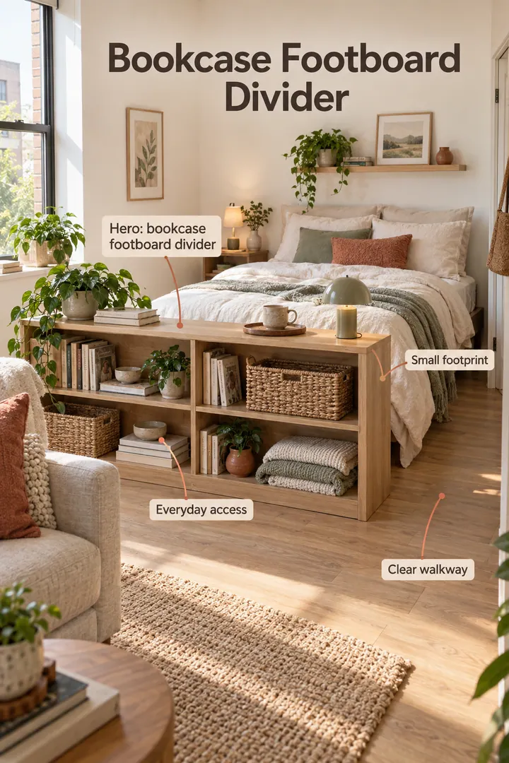 Studio apartment showing bookcase footboard divider in a warm realistic compact home.