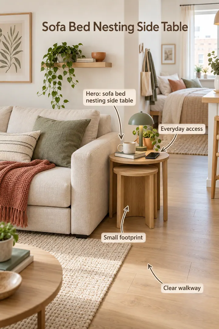 Studio apartment showing sofa bed nesting side table in a warm realistic compact home.