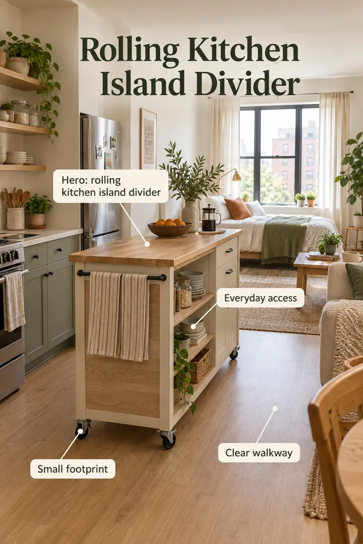 Studio apartment showing rolling kitchen island divider in a warm realistic compact home.