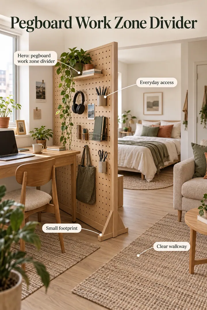 Studio apartment showing pegboard work zone divider in a warm realistic compact home.