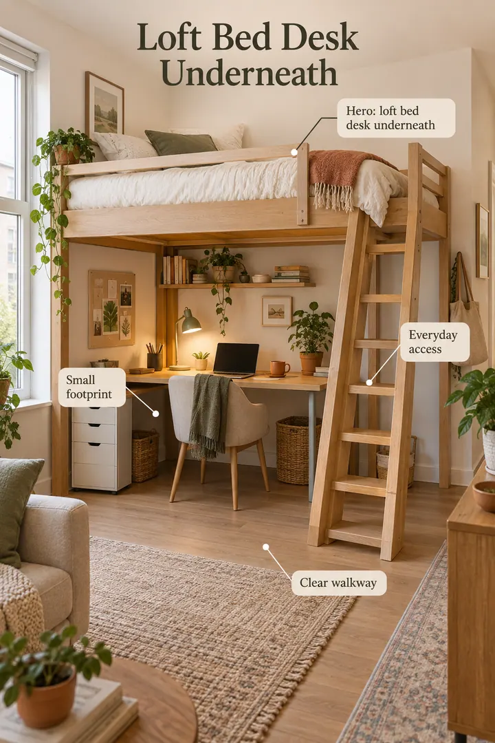 Studio apartment showing loft bed desk underneath in a warm realistic compact home.