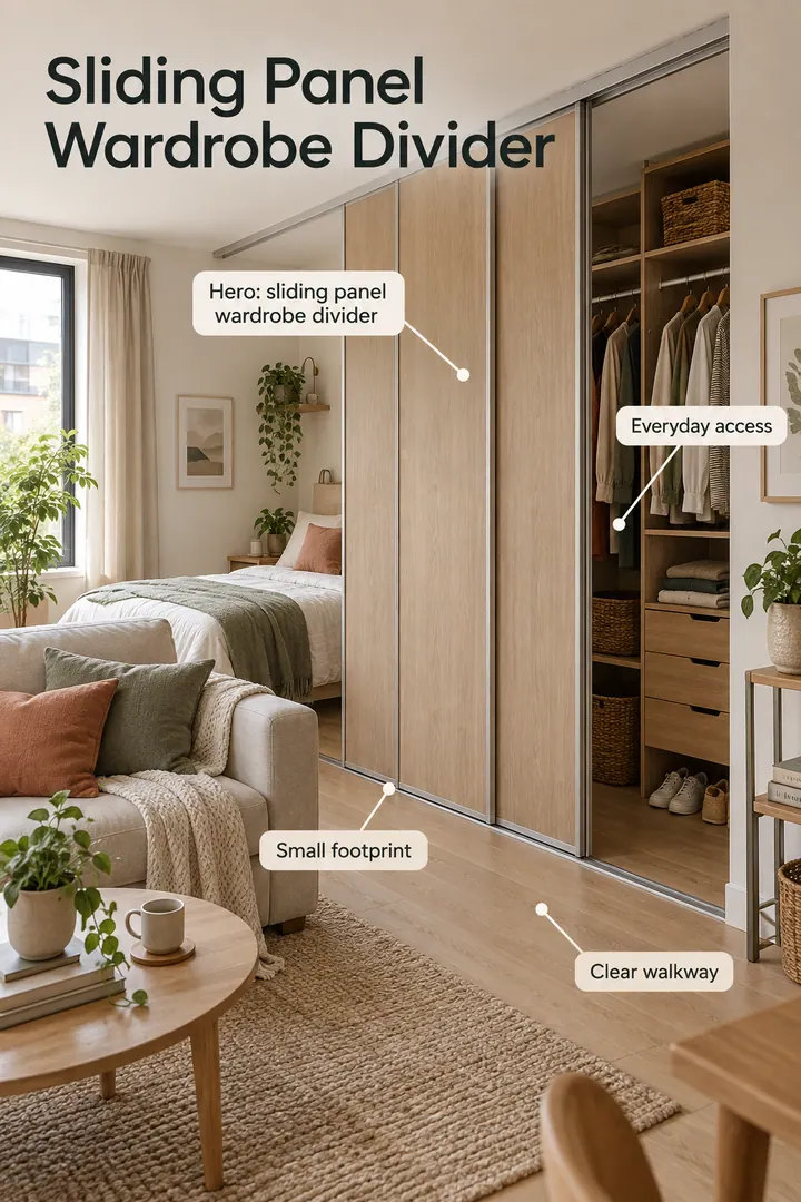 Studio apartment showing sliding panel wardrobe divider in a warm realistic compact home.