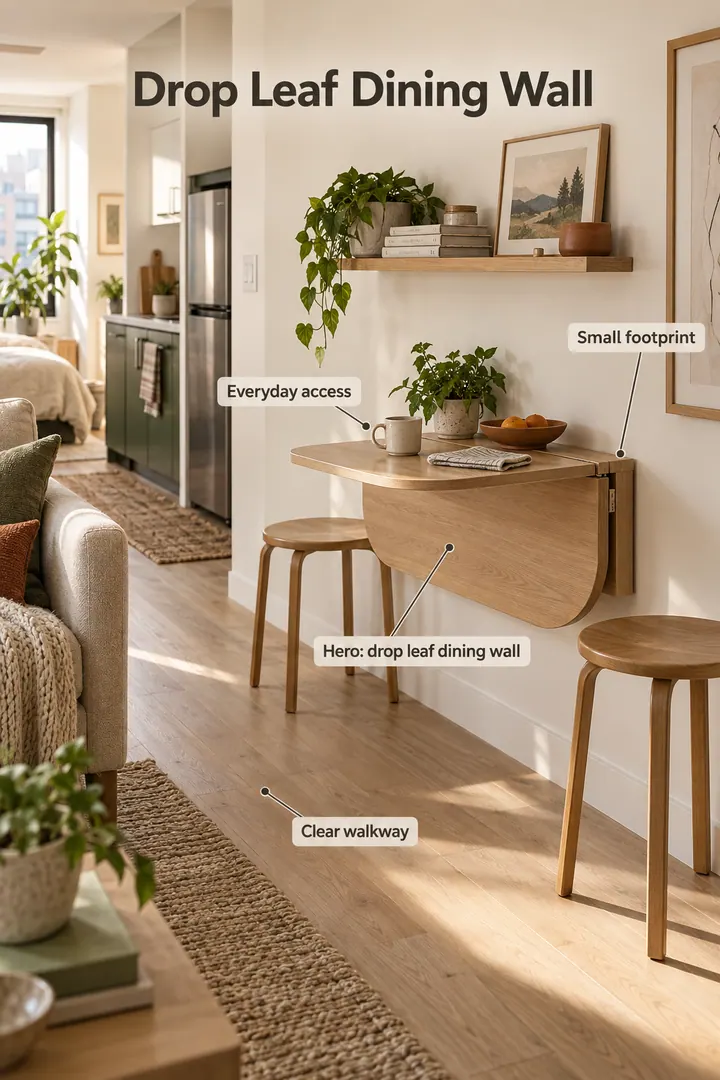 Studio apartment showing drop leaf dining wall in a warm realistic compact home.