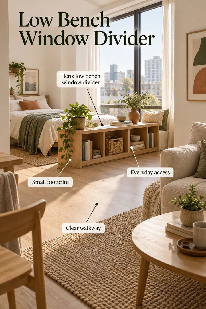 Studio apartment showing low bench window divider in a warm realistic compact home.