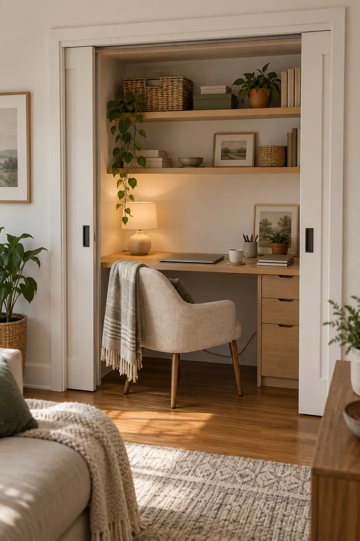 Home office showing closet office pocket doors in a warm realistic compact home.