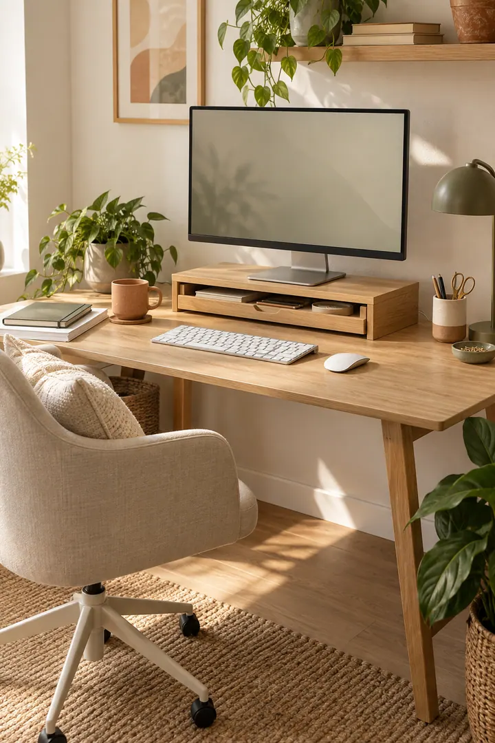 Home office showing monitor riser drawer shelf in a warm realistic compact home.