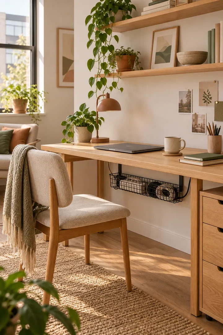 Home office showing wall rail cable basket in a warm realistic compact home.