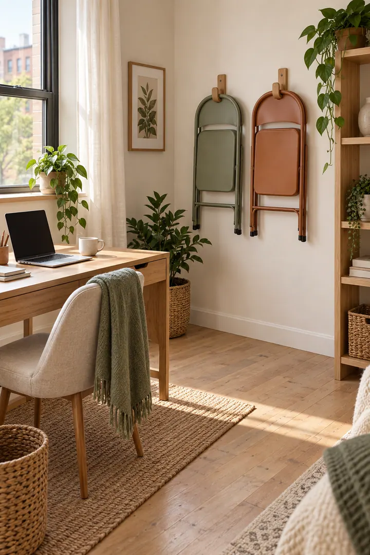 Home office showing folding chair wall hooks in a warm realistic compact home.