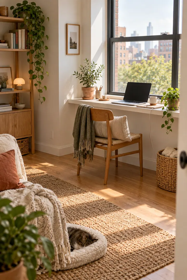 Home office showing window sill laptop desk in a warm realistic compact home.