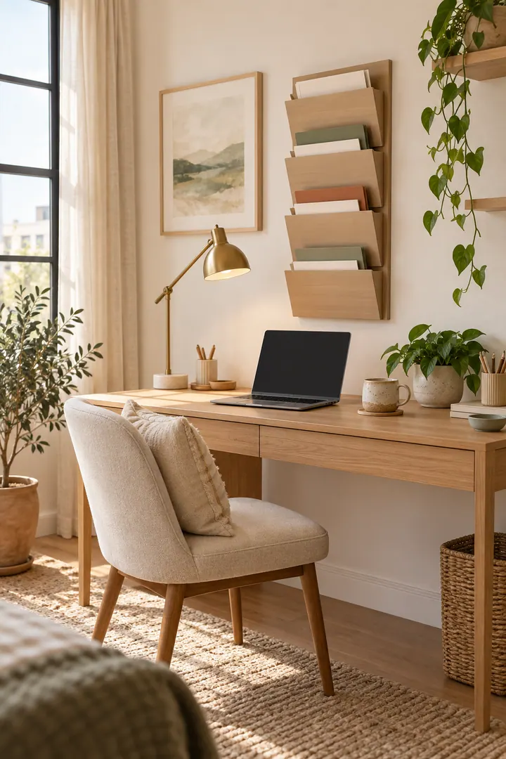 Home office showing vertical file sorter wall in a warm realistic compact home.