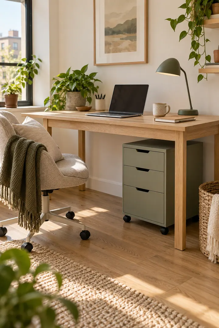 Home office showing under desk rolling drawer in a warm realistic compact home.