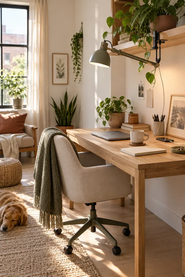 Home office showing desk lamp clamp shelf in a warm realistic compact home.