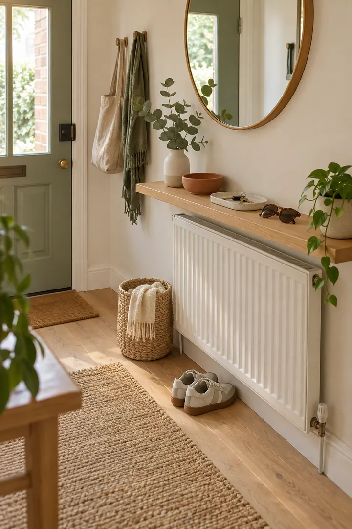 Entryway showing radiator shelf landing zone in a warm realistic compact home.